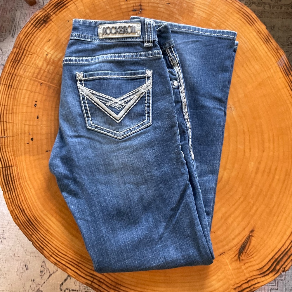 Rock & Roll Cowgirl Low-Rise Bootcut Jeans White Stitching 30 x 32